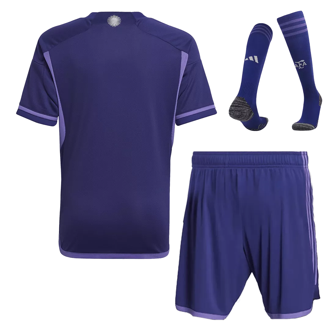 Men's Replica Argentina Three Stars Champion Edition Away Soccer Jersey Whole Kit (Jersey+Shorts+Socks) 2022 Adidas - World Cup 2022 - Pro Jersey Shop