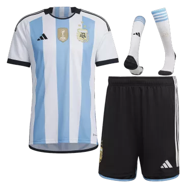 Men's Replica Argentina Three Stars Champion Edition Home Soccer Jersey Whole Kit (Jersey+Shorts+Socks) 2022 Adidas - Pro Jersey Shop