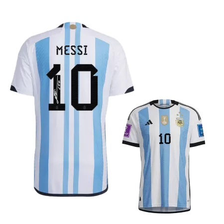Men's Authentic Sign MESSI #10 Argentina Champions 3 Stars Home Soccer Jersey Shirt 2022 - Pro Jersey Shop